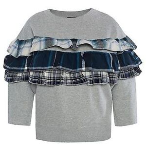 Diesel Ruffle Plaid Panel Sweatshirt Gray Cotton Size XS Statement Top